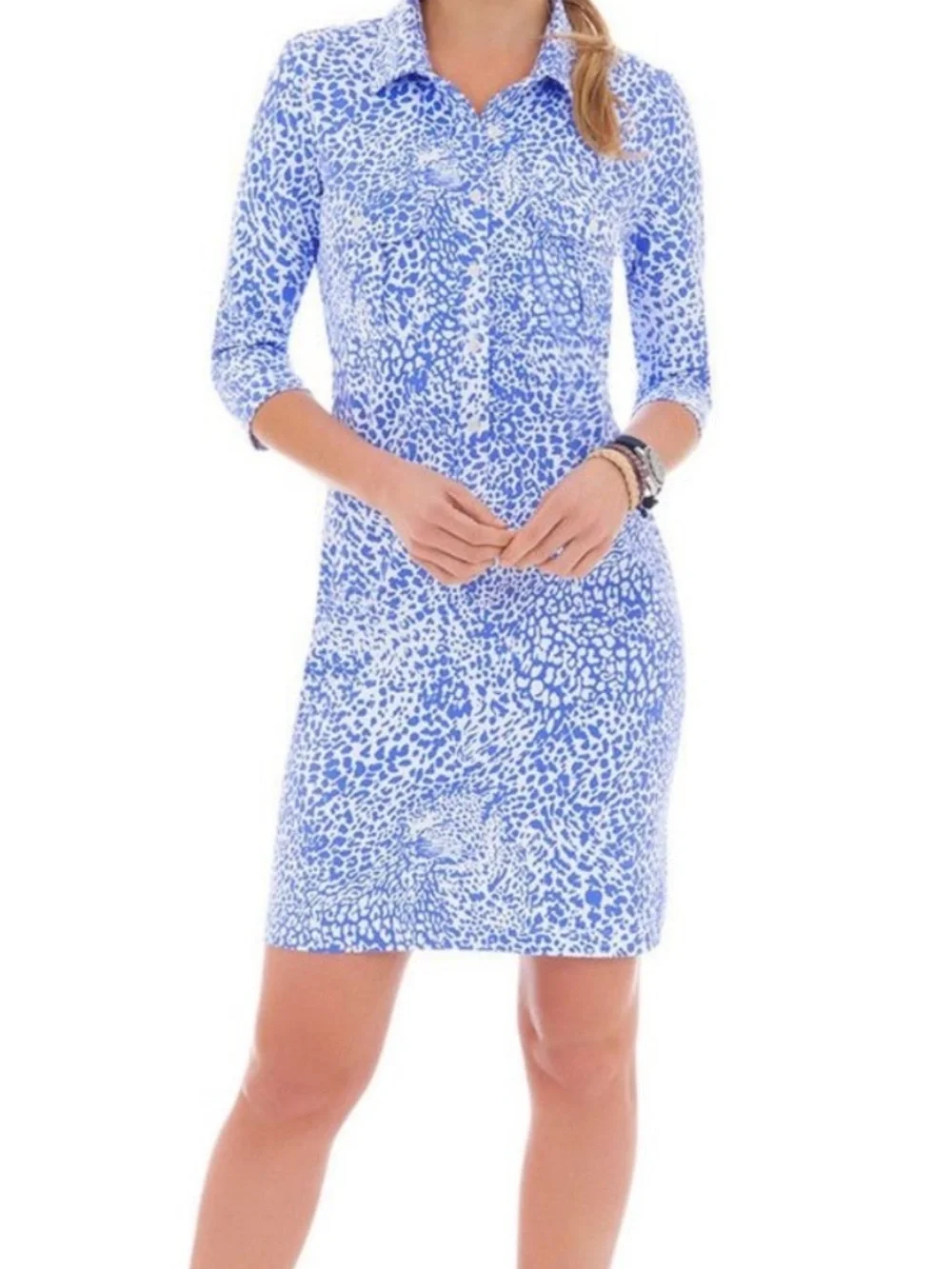 Persifor Winpenny Blue & White 3/4 Sleeves A Line Button Placket Dress Plus XL